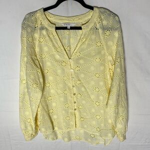 Cleo Light Yellow Cotton Eyelet Long Sleeve Button Front Blouse M